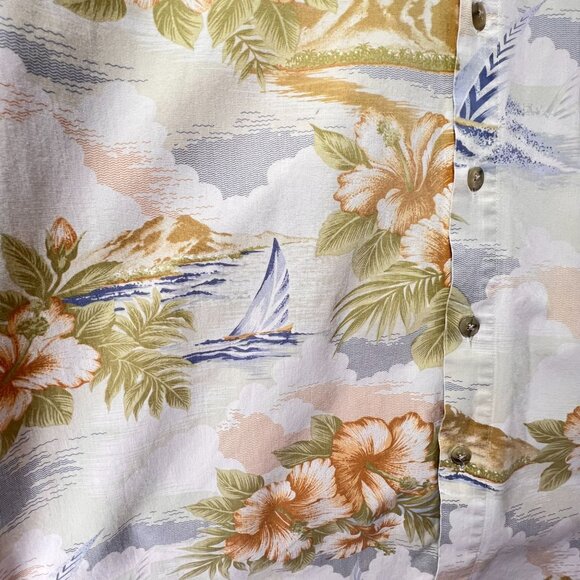 Vtg Pierre Cardin Mens Hawaiian Button Up Shirt L Cotton Floral Sailboat Tropics - Picture 5 of 10